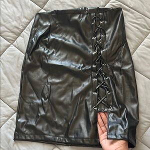 Black Lace-Up Faux Leather Skirt